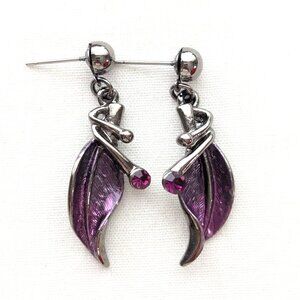 Leaf Wing Stud Hematite Earrings Purple Enamel Vintage Goth Punk Jewelry Gift